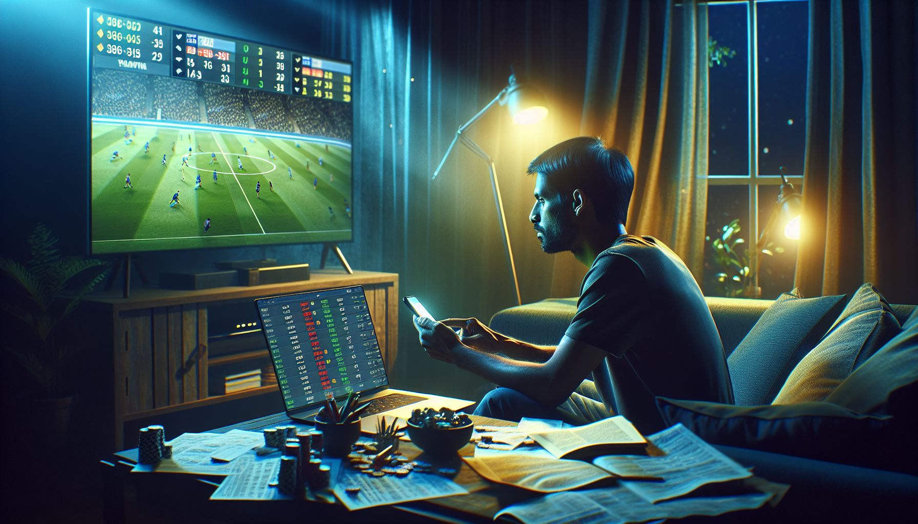 Bangladesh player using phone and laptop to place live sports bets during a thrilling evening match