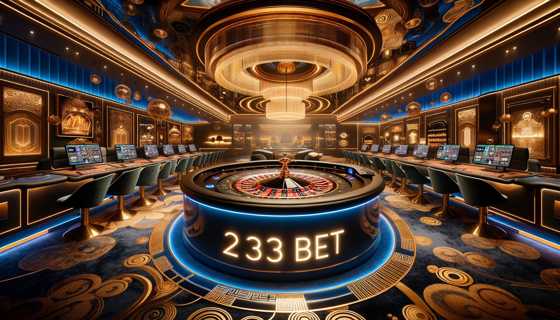 Modern live casino setup with dealer table, digital displays, and premium lighting