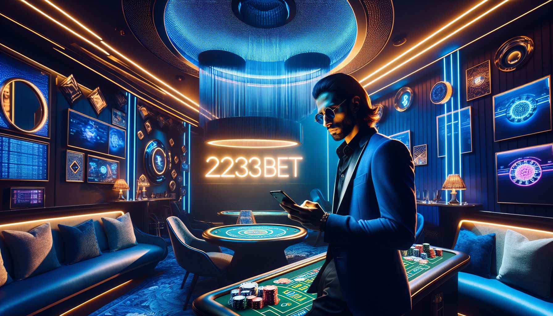 Bangladesh player using a smartphone in a glowing casino-style setting with bold digital lights and premium gaming energy inspired by 2333bet