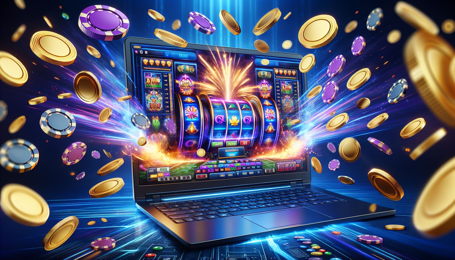 Laptop displaying colorful casino game tiles with bright motion effects and a sleek modern setup reflecting the speed of 2333bet in Bangladesh