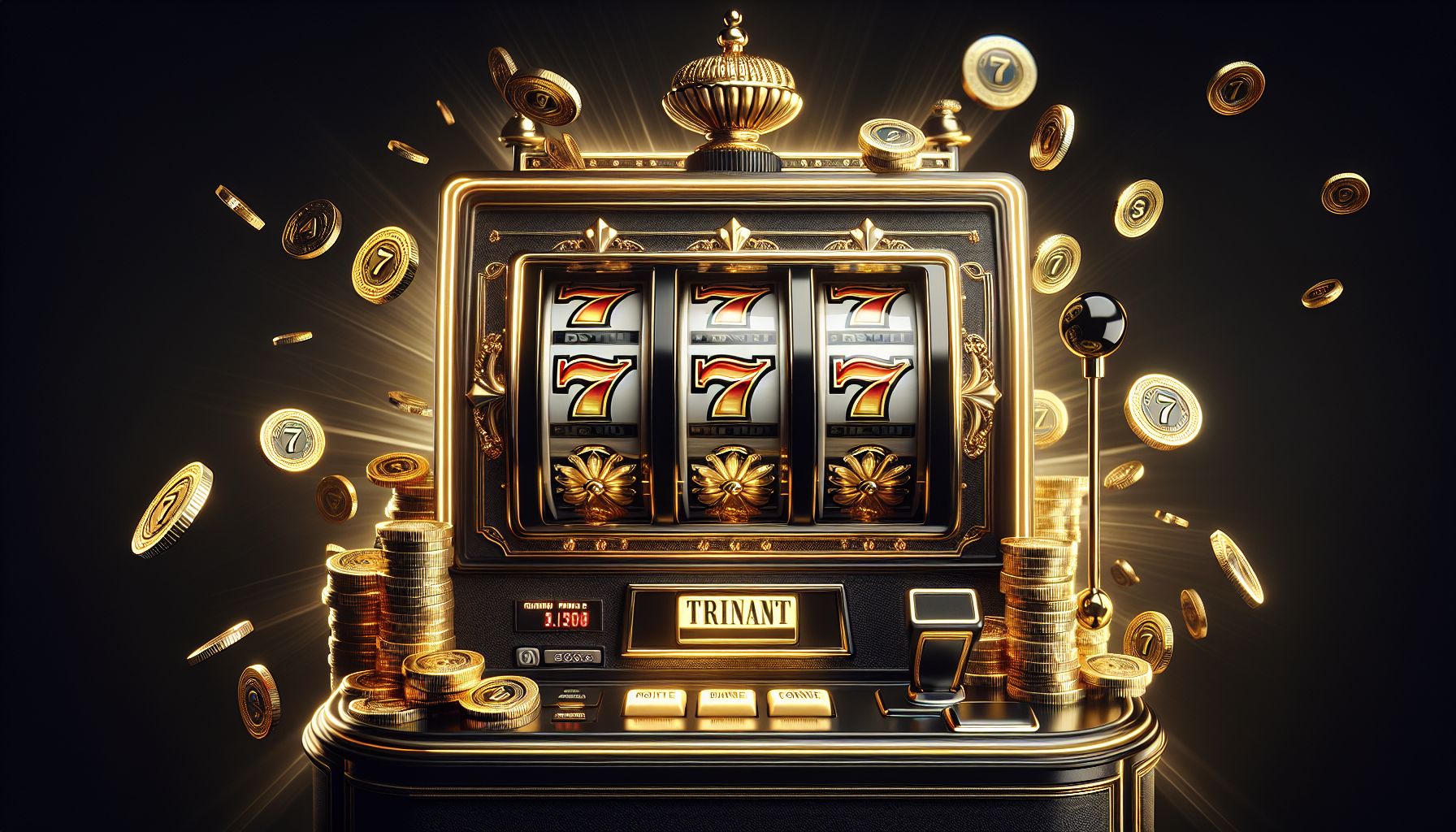 Luxury slot reel with glowing sevens, shining coins, and a dramatic casino-inspired background